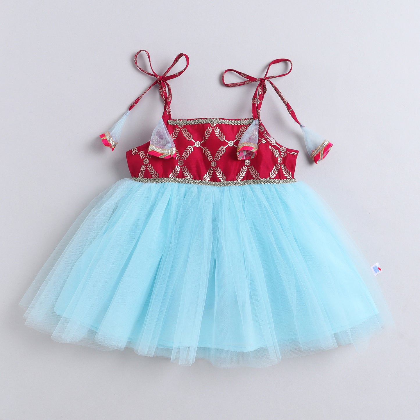 Many Frocks & Net Sleeveless Foil Printed Knee Length Yoke Jhabla Baby Ethnic Dress - Blue & Pink