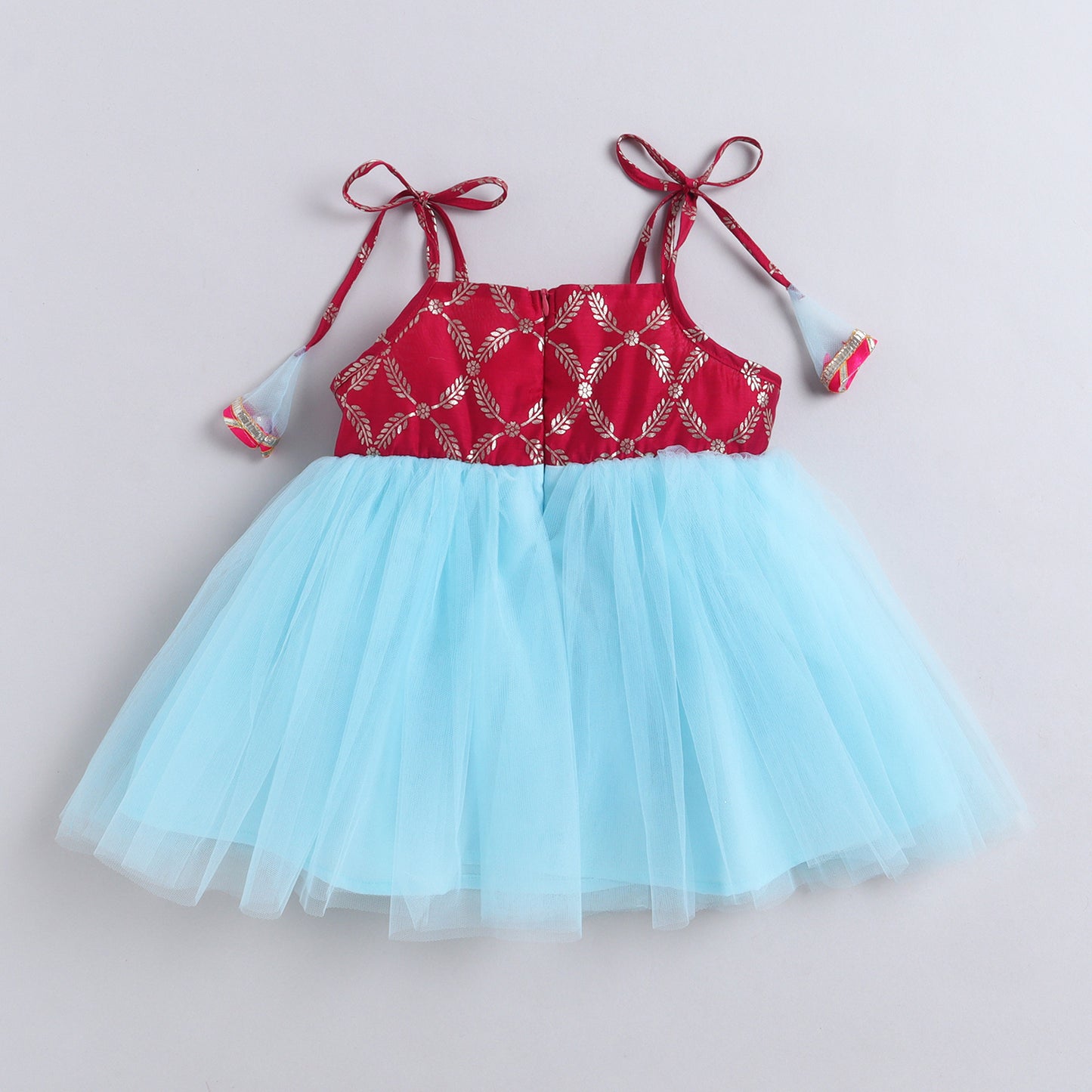 Many Frocks & Net Sleeveless Foil Printed Knee Length Yoke Jhabla Baby Ethnic Dress - Blue & Pink
