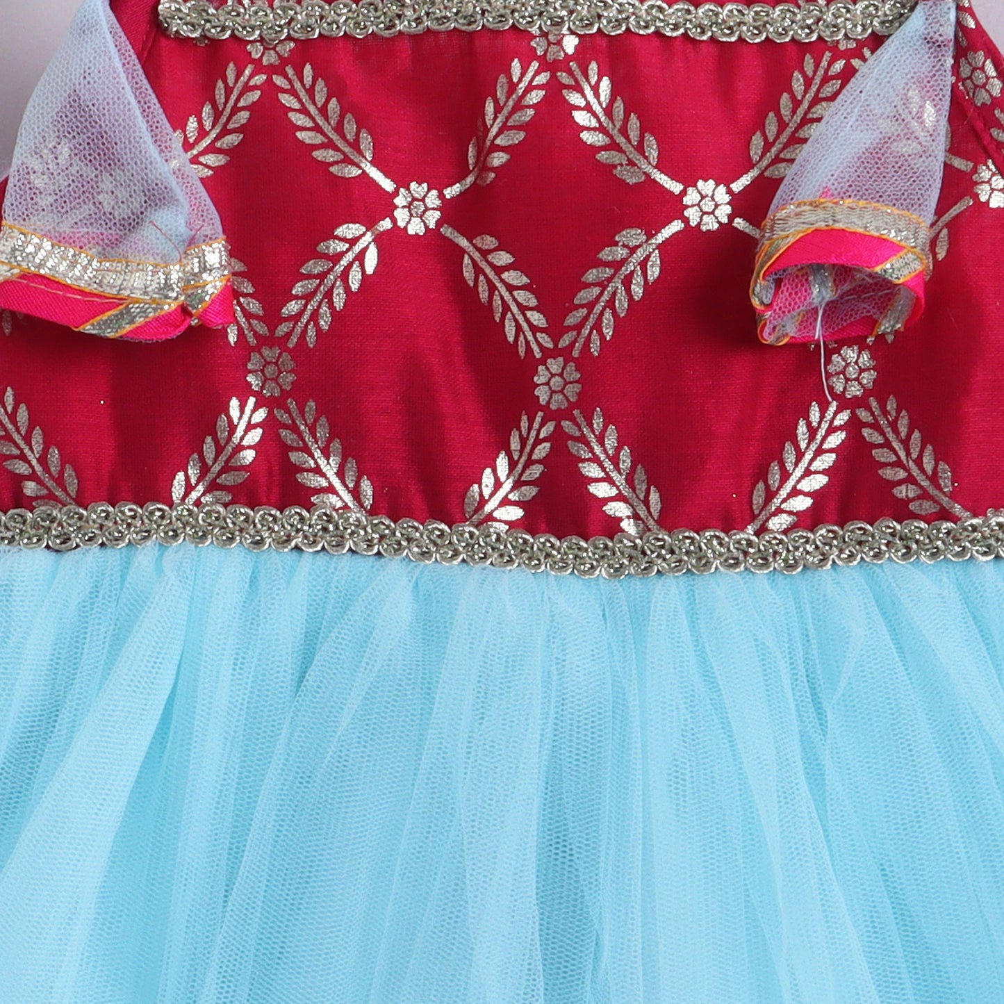 Many Frocks & Net Sleeveless Foil Printed Knee Length Yoke Jhabla Baby Ethnic Dress - Blue & Pink