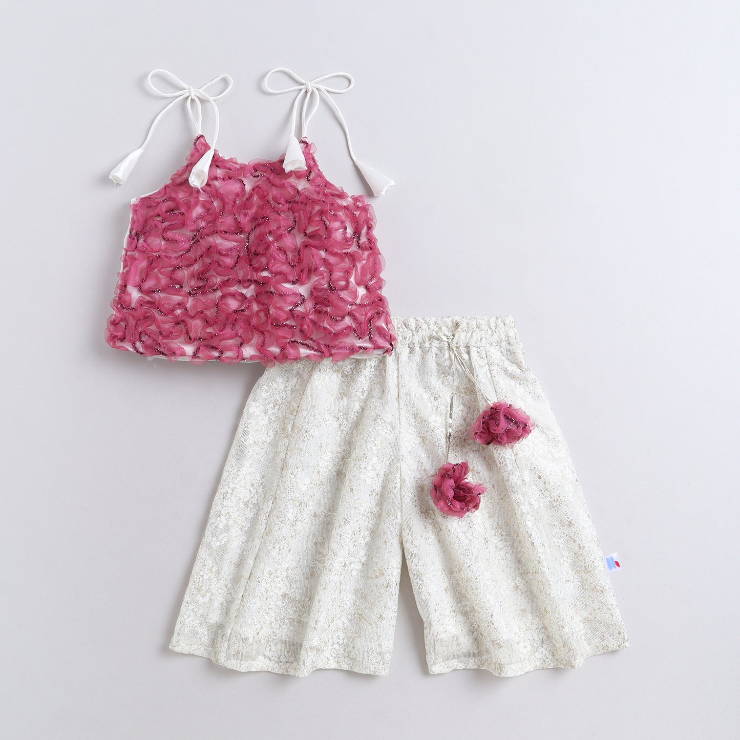 Many Frocks &amp; Net Sleeveless 3D Rose Top Latkan Embellished Full length Girl Ethnic Palazzo&nbsp; Set- Cream &amp; Purple&nbsp;