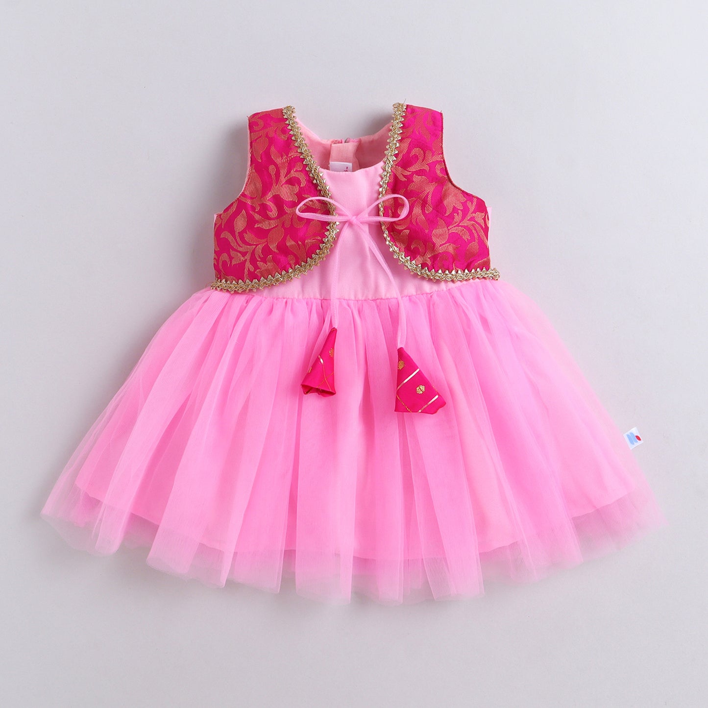 Many Frocks & Net Sleeveless Brocade Koti Lace Embellished Knee Length Girls Ethnic Dress - Pink