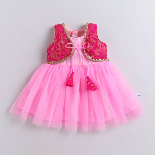 Many Frocks & Net Sleeveless Brocade Koti Lace Embellished Knee Length Girls Ethnic Dress - Pink
