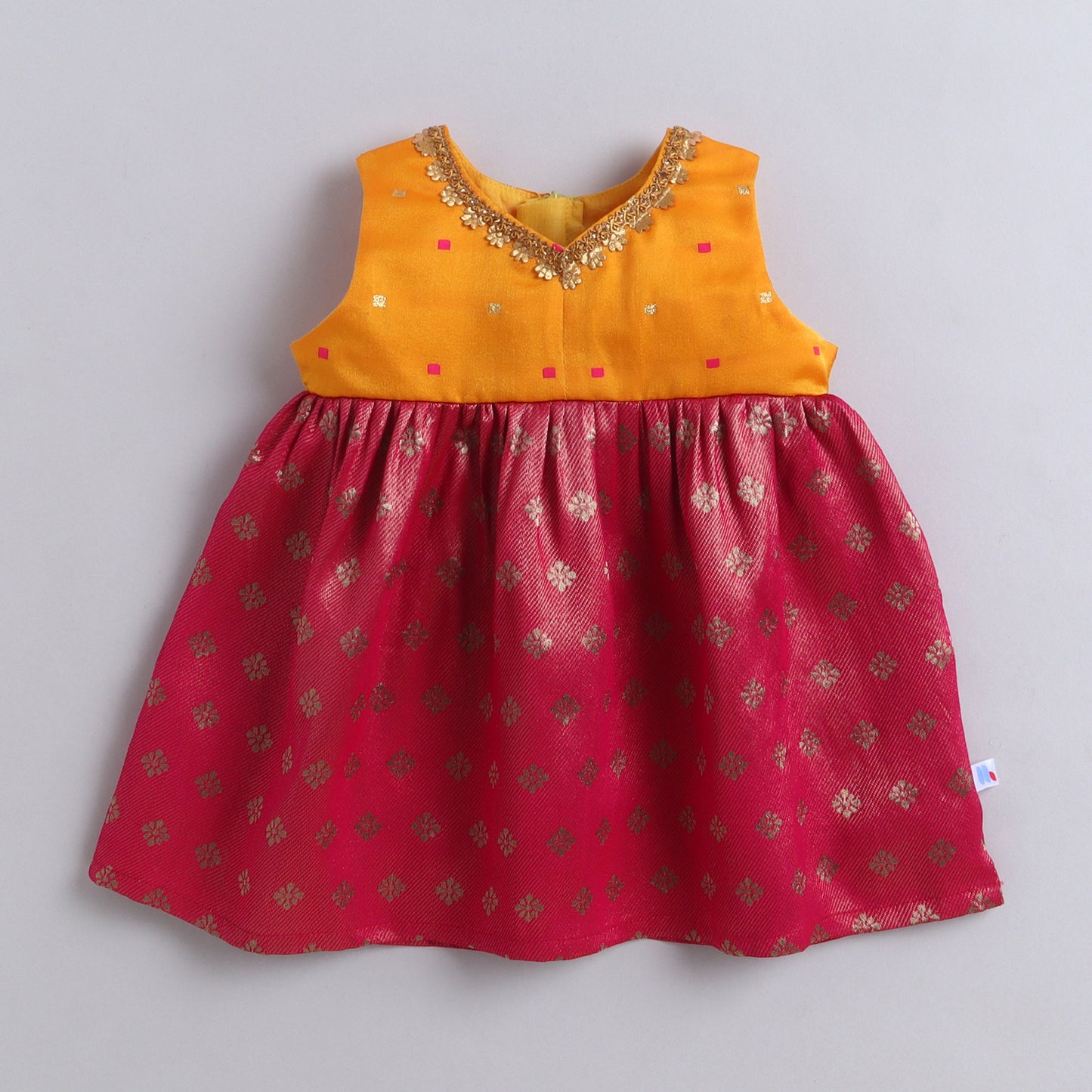 Many Frocks & Brocade Sleeveless Lace Embellished Knee Length  Baby Ethnic Dress - Pink & Yellow
