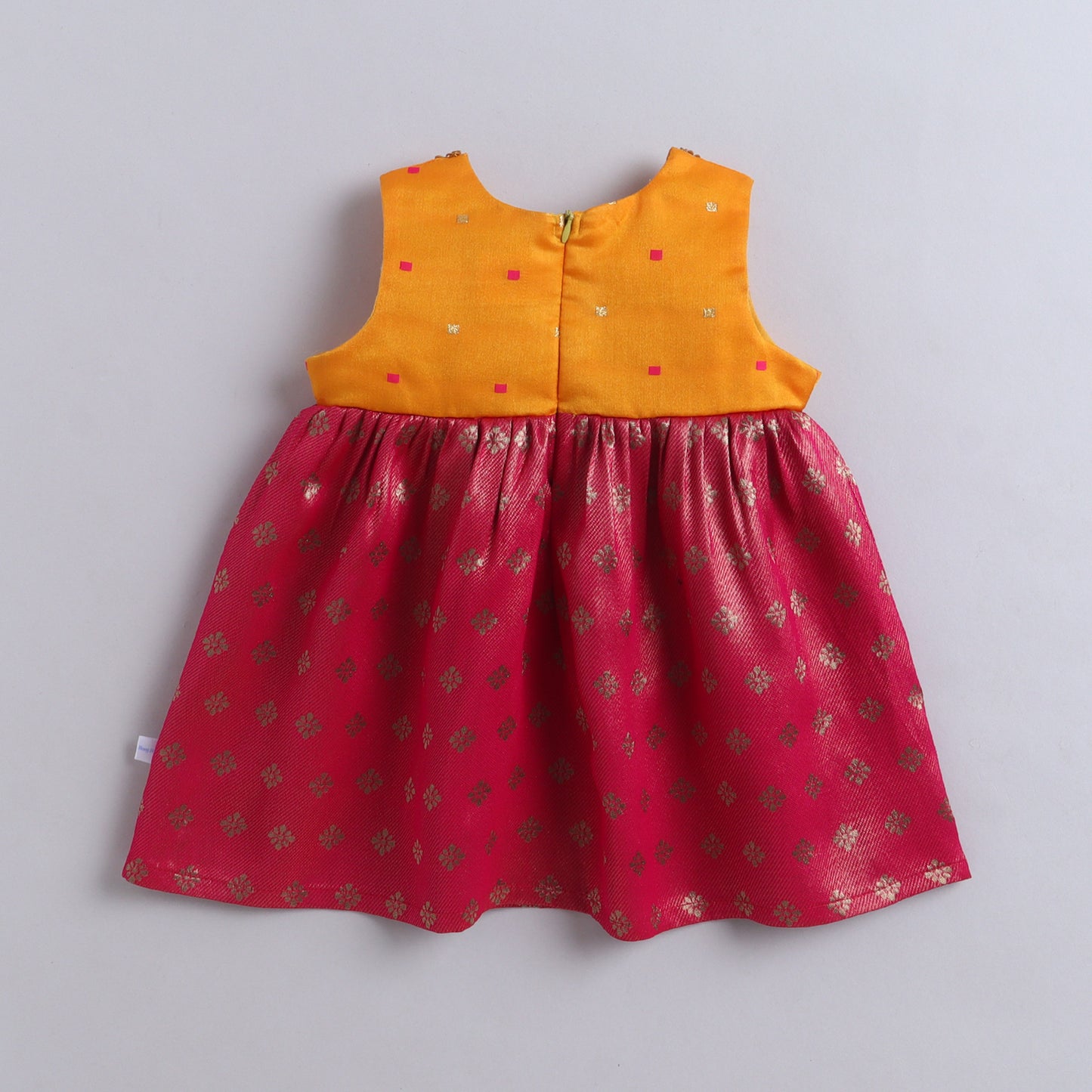 Many Frocks & Brocade Sleeveless Lace Embellished Knee Length  Baby Ethnic Dress - Pink & Yellow