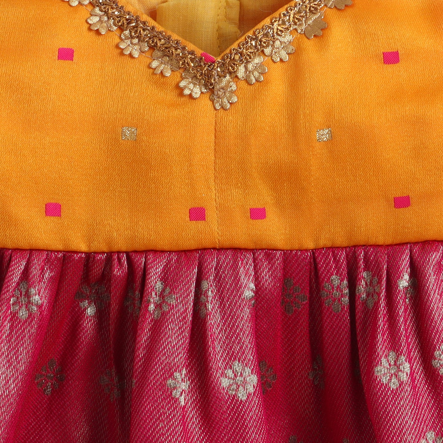Many Frocks & Brocade Sleeveless Lace Embellished Knee Length  Baby Ethnic Dress - Pink & Yellow