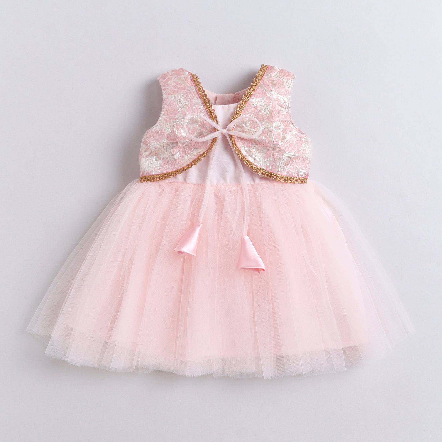 Many Frocks & Net Sleeveless Brocade Koti Lace Eembellished Knee Length  Girls Ethnic Dress - Pink