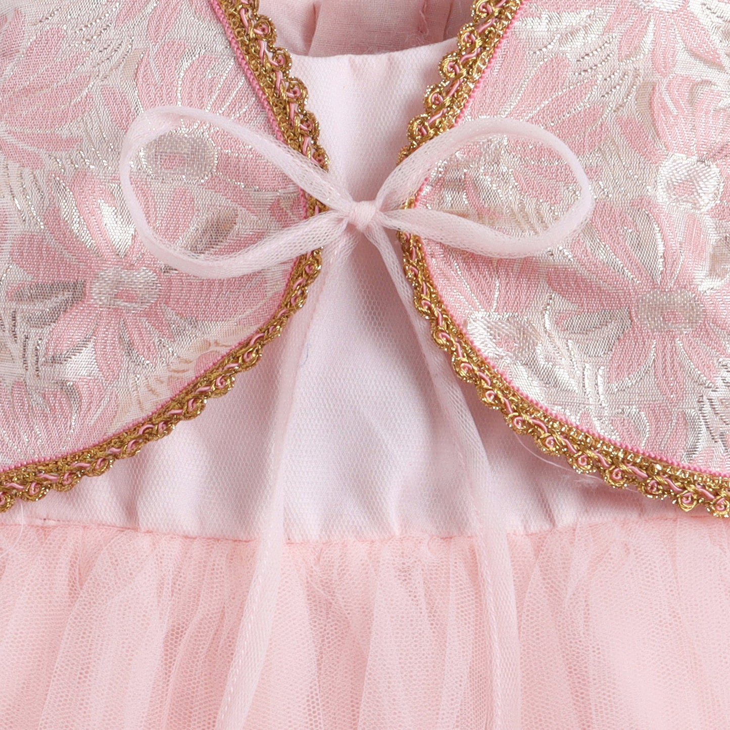 Many Frocks & Net Sleeveless Brocade Koti Lace Eembellished Knee Length  Girls Ethnic Dress - Pink