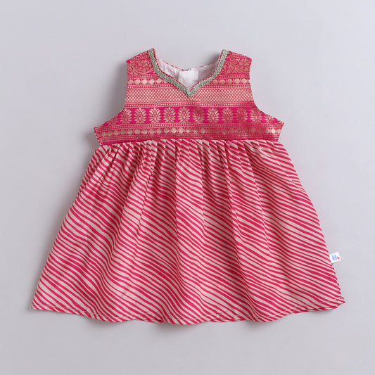Many Frocks & Brocade body Sleeveless Lace Embellished Printed Knee Length  Baby Ethnic Dress - Pink