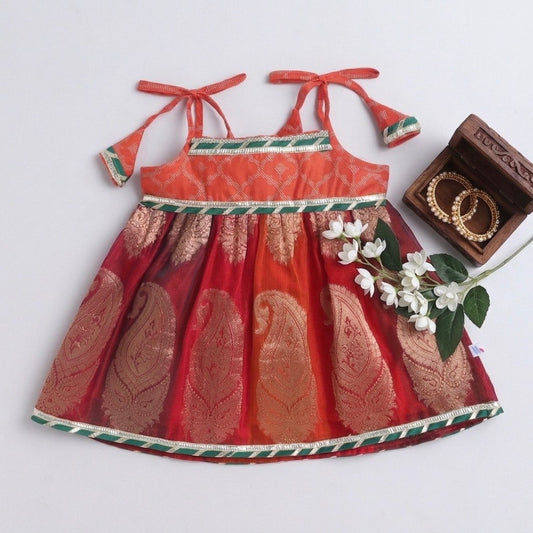 Many Frocks & Banarasi Woven Sleeveless Lace Embellished Knee Length Flared Baby Girls Jhabla Ethnic Dress - Multicolour