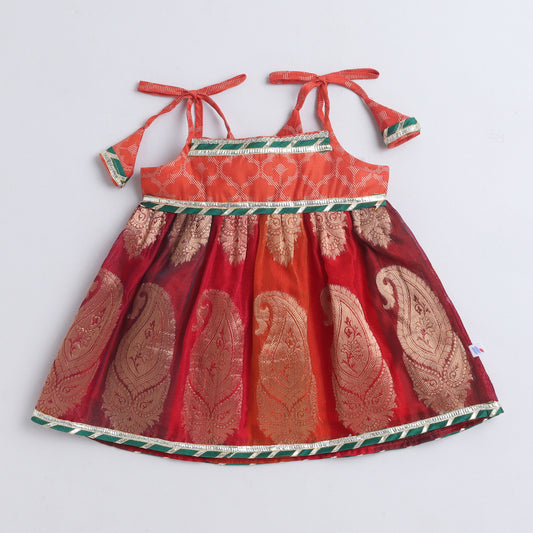 Many Frocks & Banarasi Woven Sleeveless Lace Embellished Knee Length Flared Baby Girls Jhabla Ethnic Dress - Multicolour