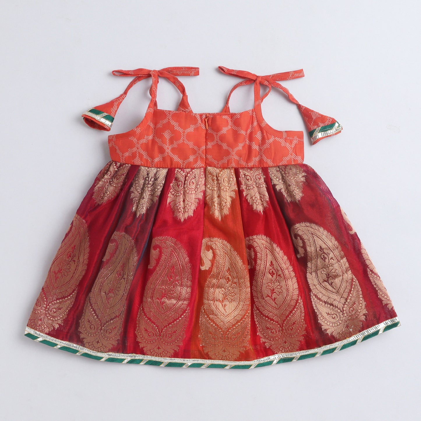 Many Frocks & Banarasi Woven Sleeveless Lace Embellished Knee Length Flared Baby Girls Jhabla Ethnic Dress - Multicolour