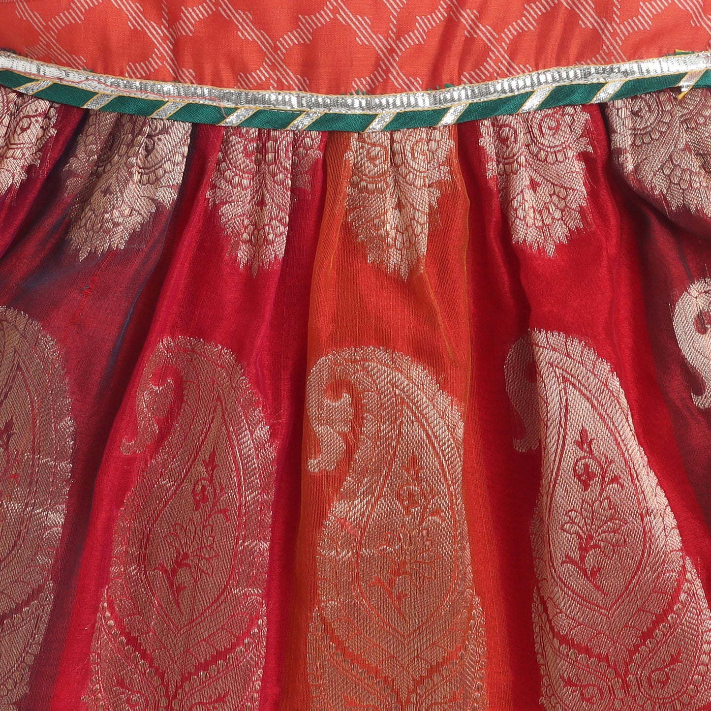 Many Frocks & Banarasi Woven Sleeveless Lace Embellished Knee Length Flared Baby Girls Jhabla Ethnic Dress - Multicolour