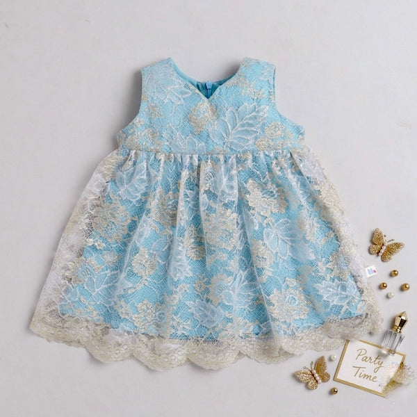 Many Frocks & Net Woven Sleeveless Embellished Knee Length Baby Party Dress - Light Blue