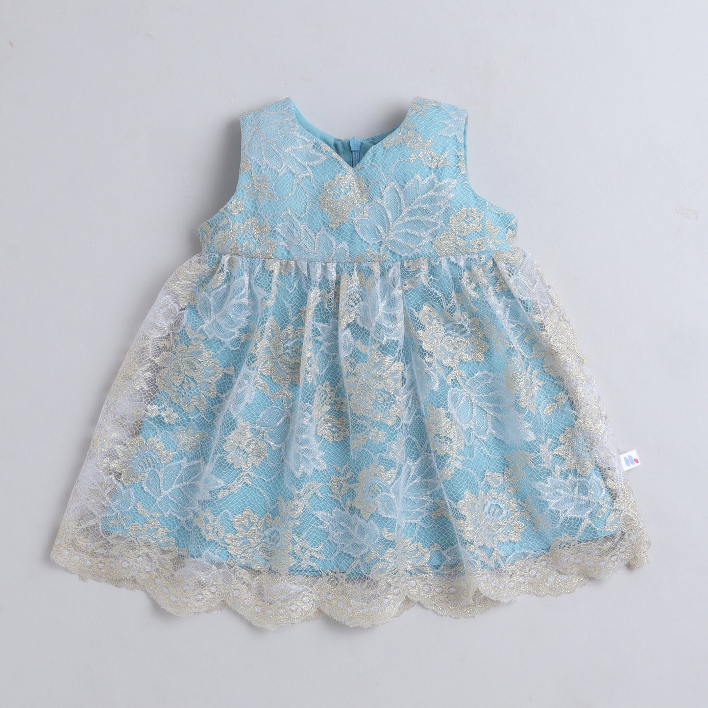 Many Frocks & Net Woven Sleeveless Embellished Knee Length Baby Party Dress - Light Blue