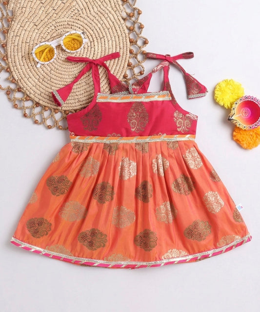 Many Frocks & Brocade Woven Sleeveless Lace Embellished Knee Length Flared Baby Girls Jhabla Ethnic Dress - Peach & Pink