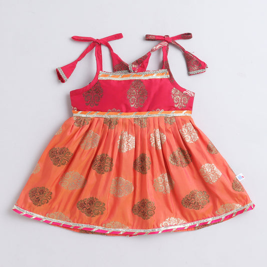 Many Frocks & Brocade Woven Sleeveless Lace Embellished Knee Length Flared Baby Girls Jhabla Ethnic Dress - Peach & Pink