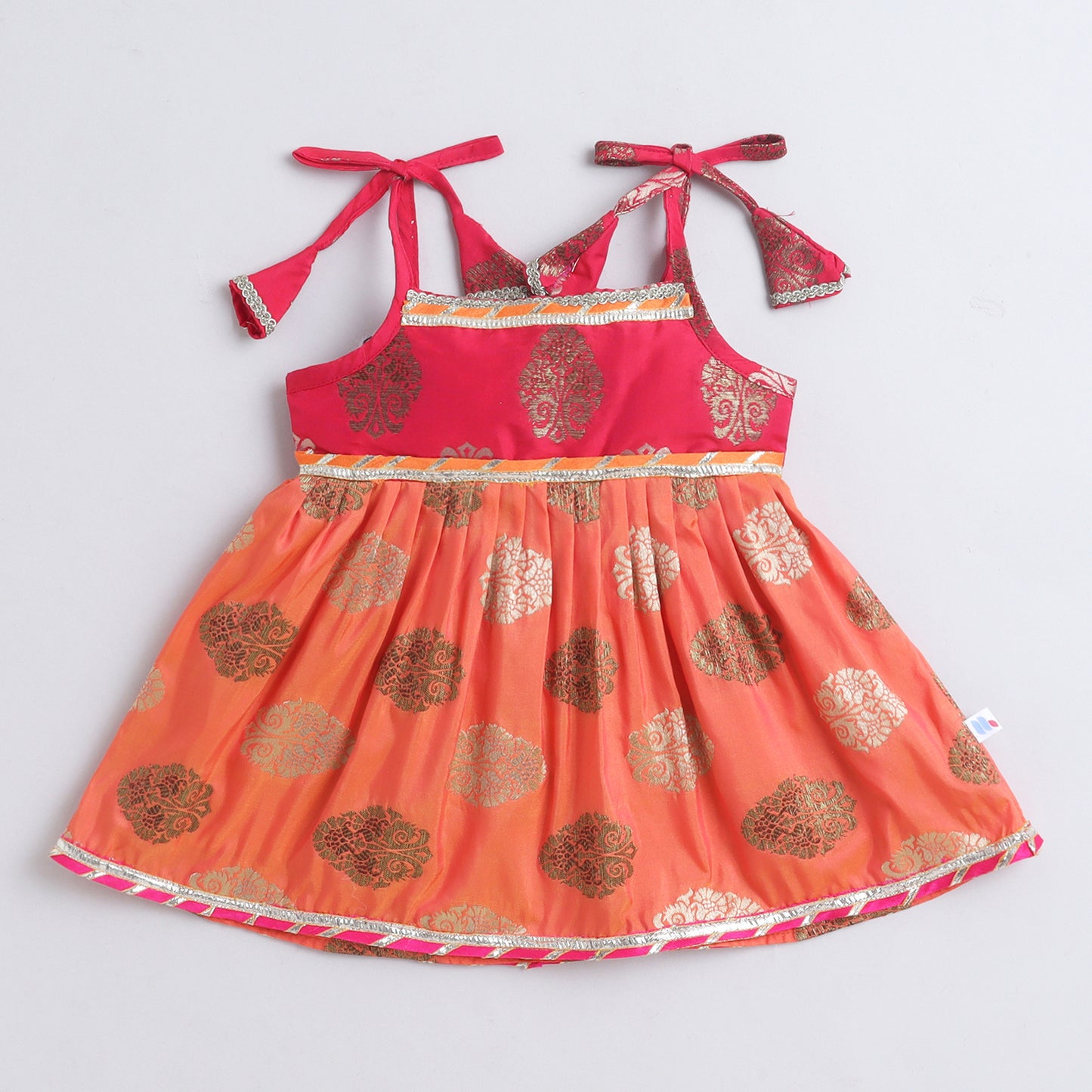 Many Frocks & Brocade Woven Sleeveless Lace Embellished Knee Length Flared Baby Girls Jhabla Ethnic Dress - Peach & Pink