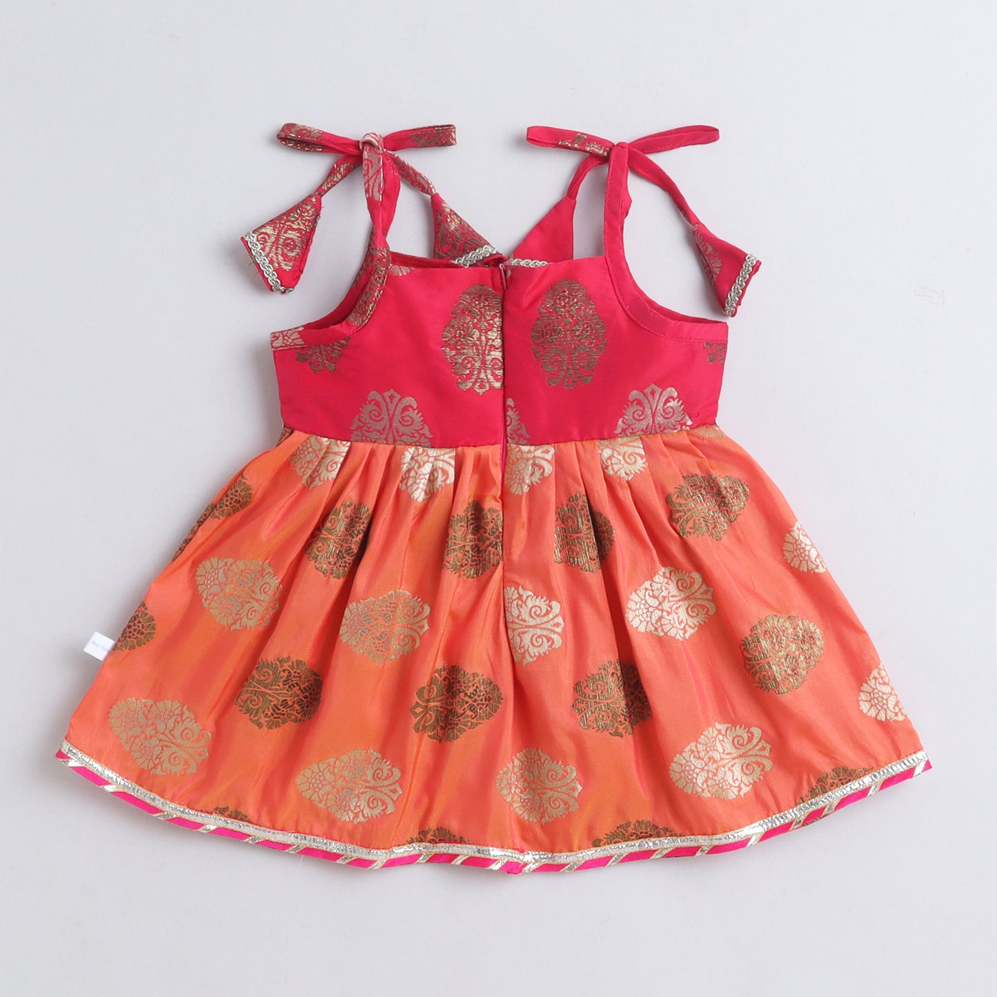 Many Frocks & Brocade Woven Sleeveless Lace Embellished Knee Length Flared Baby Girls Jhabla Ethnic Dress - Peach & Pink