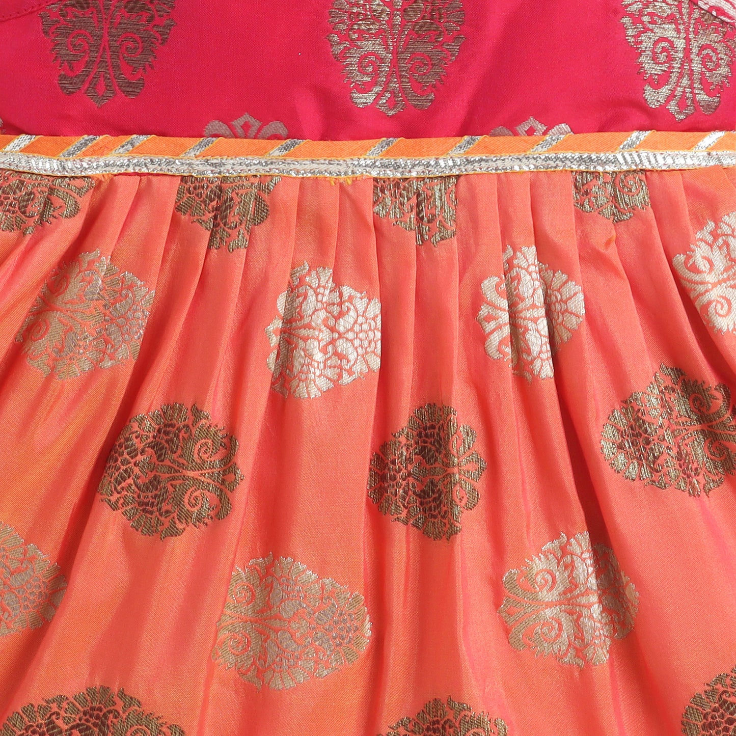 Many Frocks & Brocade Woven Sleeveless Lace Embellished Knee Length Flared Baby Girls Jhabla Ethnic Dress - Peach & Pink