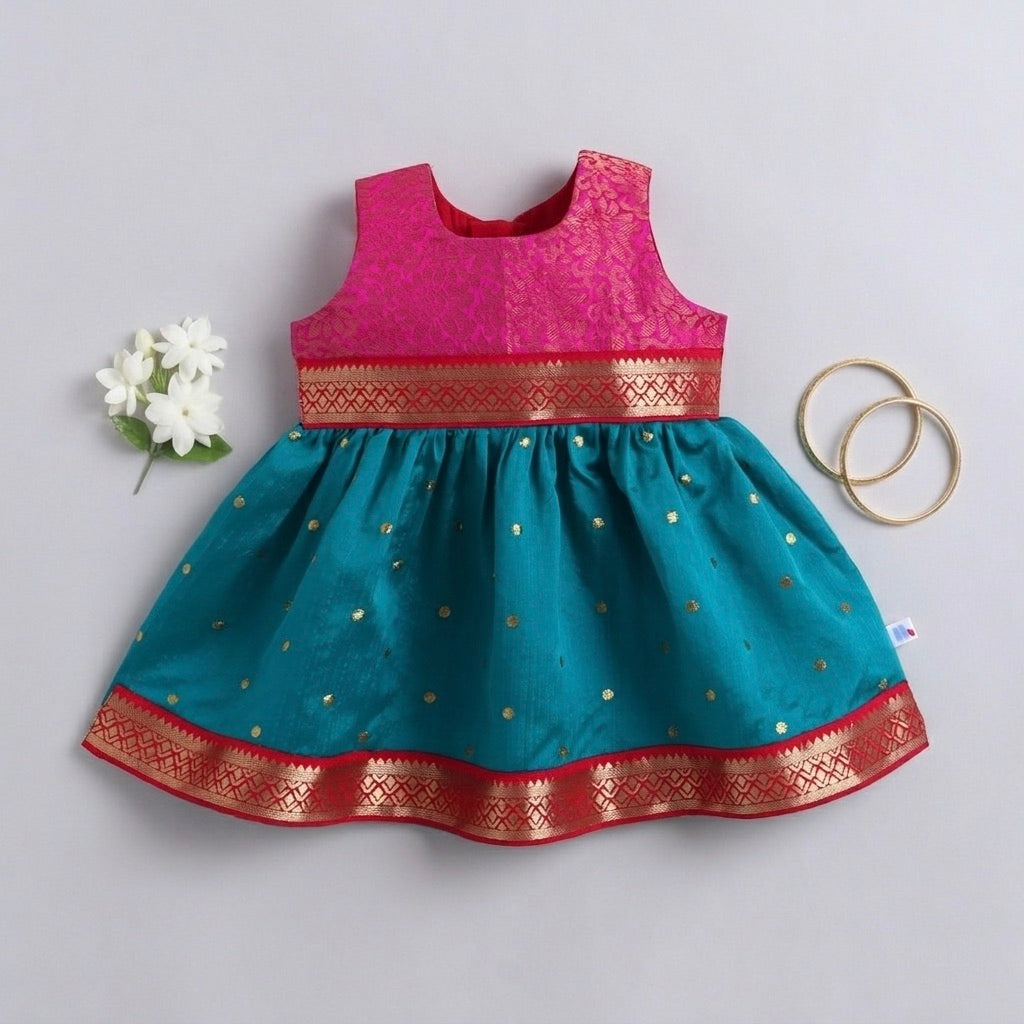 Many Frocks & Brocade Woven Sleeveless Woven Boti Lace Embellished Knee Length  Baby Ethnic Dress - Green & Pink