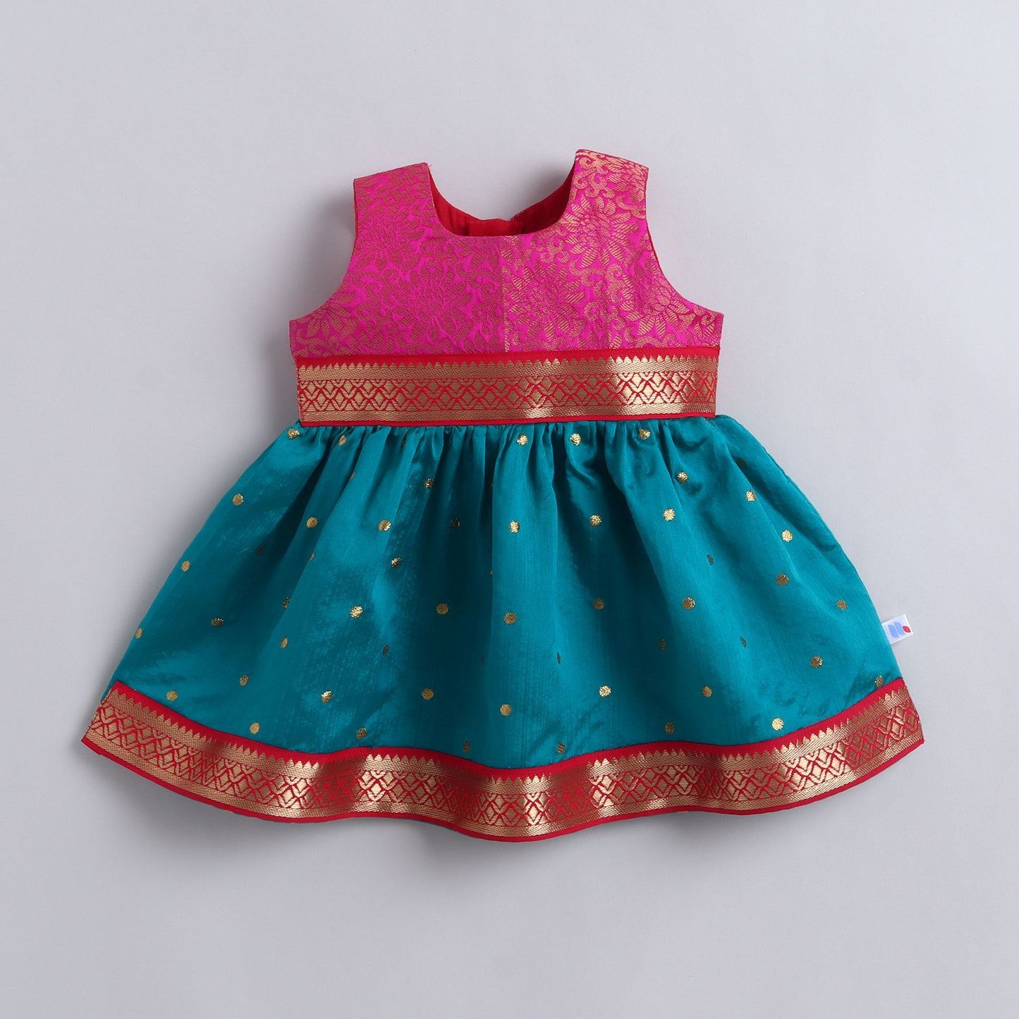 Many Frocks & Brocade Woven Sleeveless Woven Boti Lace Embellished Knee Length  Baby Ethnic Dress - Green & Pink