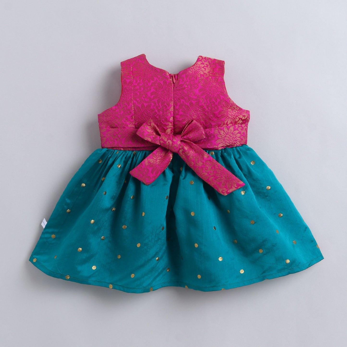 Many Frocks & Brocade Woven Sleeveless Woven Boti Lace Embellished Knee Length  Baby Ethnic Dress - Green & Pink