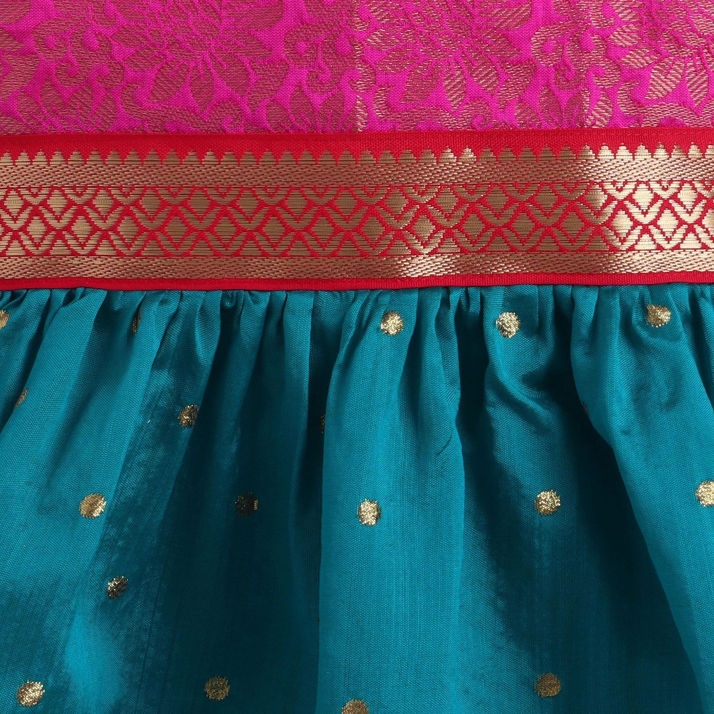 Many Frocks & Brocade Woven Sleeveless Woven Boti Lace Embellished Knee Length  Baby Ethnic Dress - Green & Pink