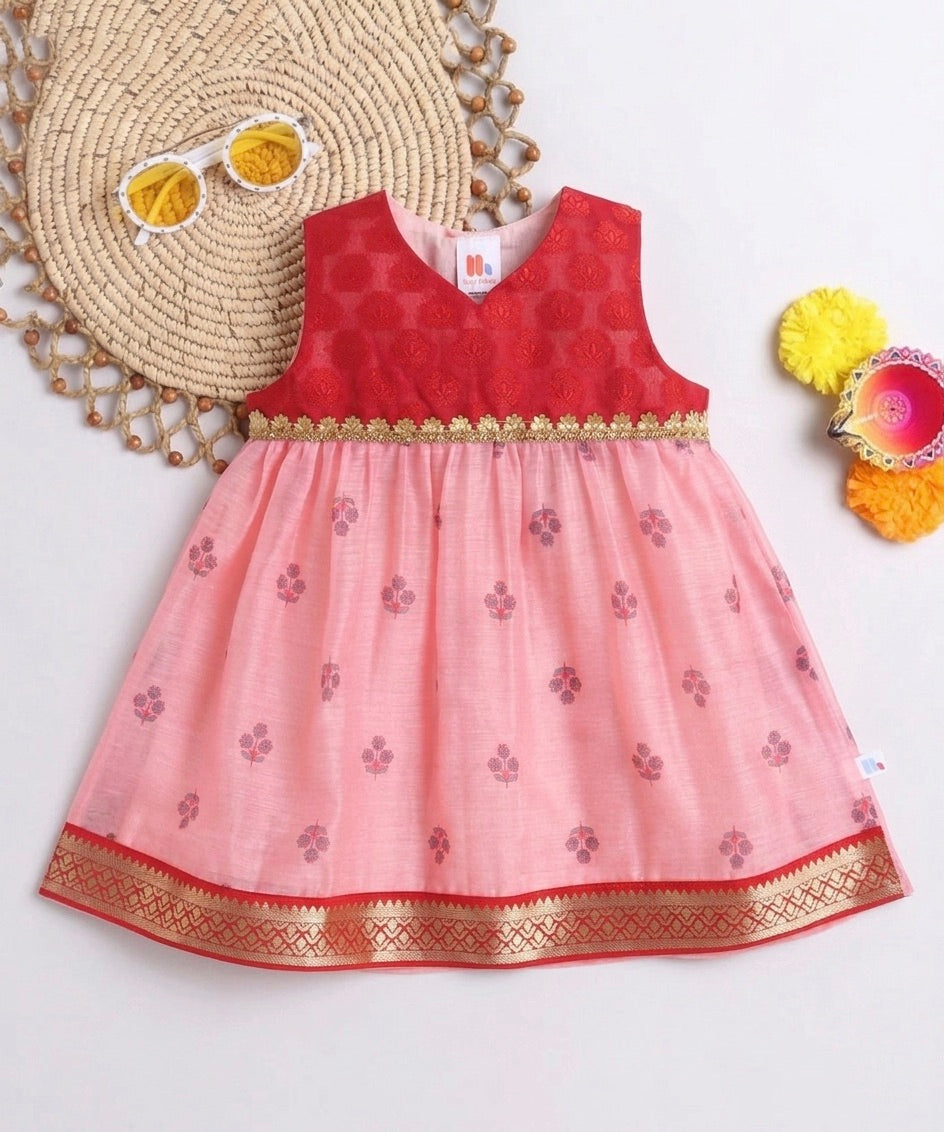Many Frocks & Chanderi Woven Sleeveless Lace Embellished Knee Length  Baby Ethnic Dress - Peach & Red