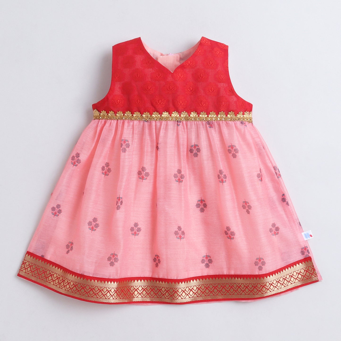 Many Frocks & Chanderi Woven Sleeveless Lace Embellished Knee Length  Baby Ethnic Dress - Peach & Red