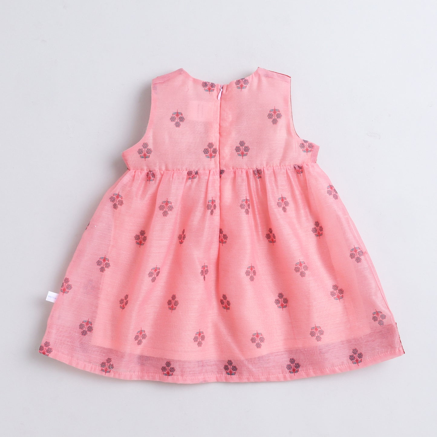 Many Frocks & Chanderi Woven Sleeveless Lace Embellished Knee Length  Baby Ethnic Dress - Peach & Red