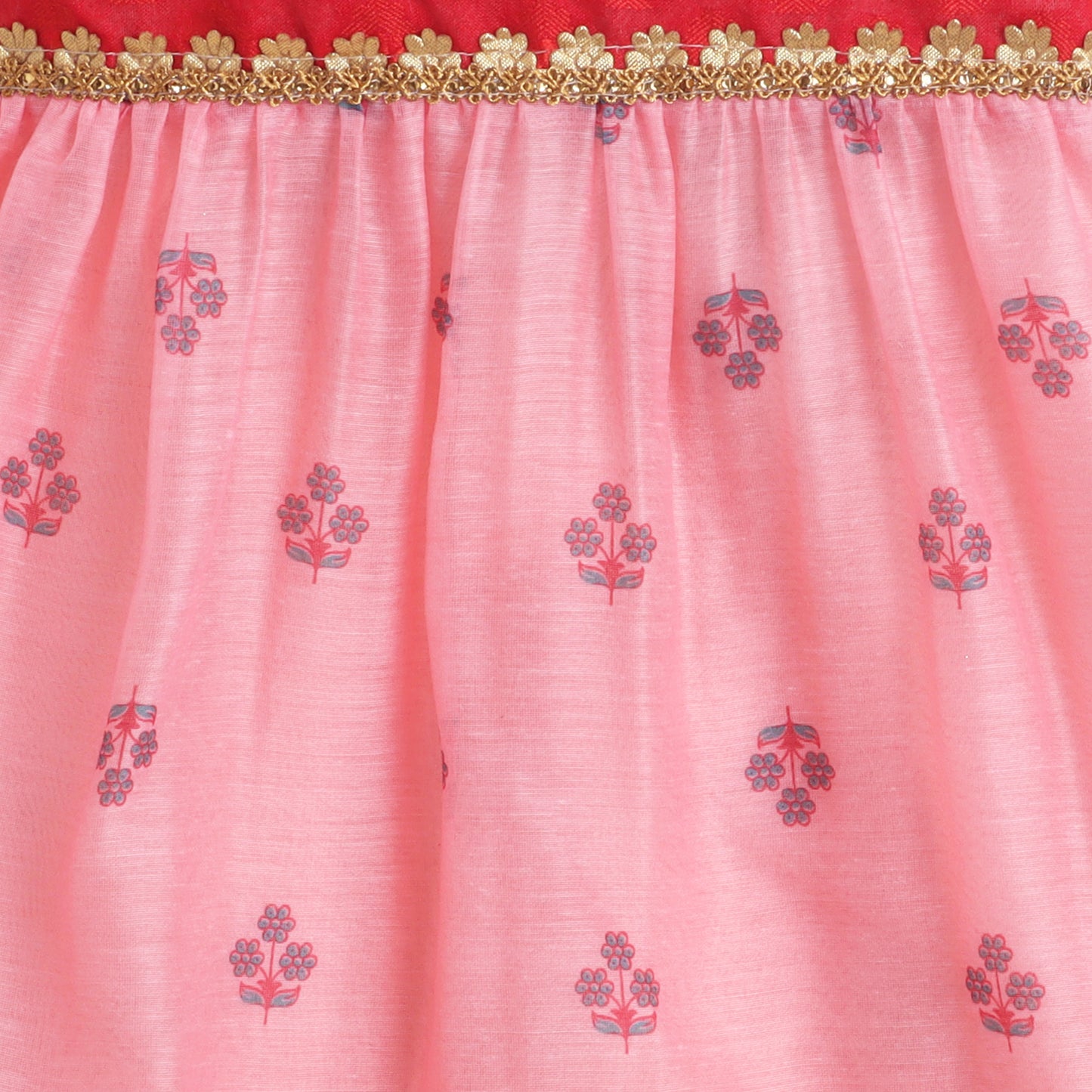 Many Frocks & Chanderi Woven Sleeveless Lace Embellished Knee Length  Baby Ethnic Dress - Peach & Red