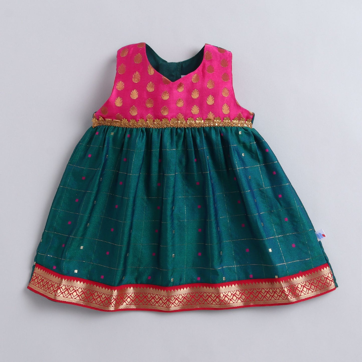 Many Frocks & Poly Silk Woven Sleeveless Woven Multicolour Boti Lace Embellished Knee Length  Baby Ethnic Dress - Green & Pink