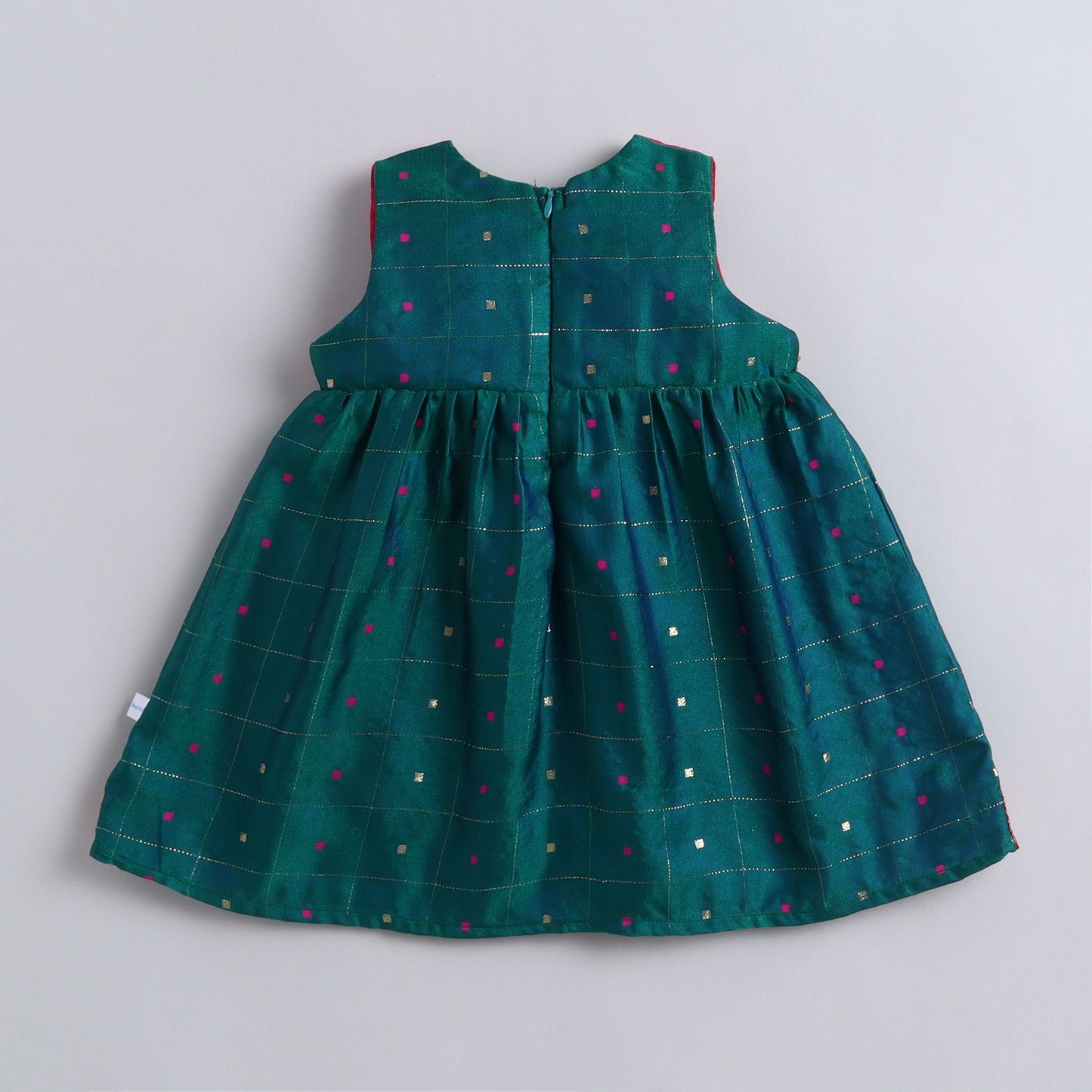 Many Frocks & Poly Silk Woven Sleeveless Woven Multicolour Boti Lace Embellished Knee Length  Baby Ethnic Dress - Green & Pink