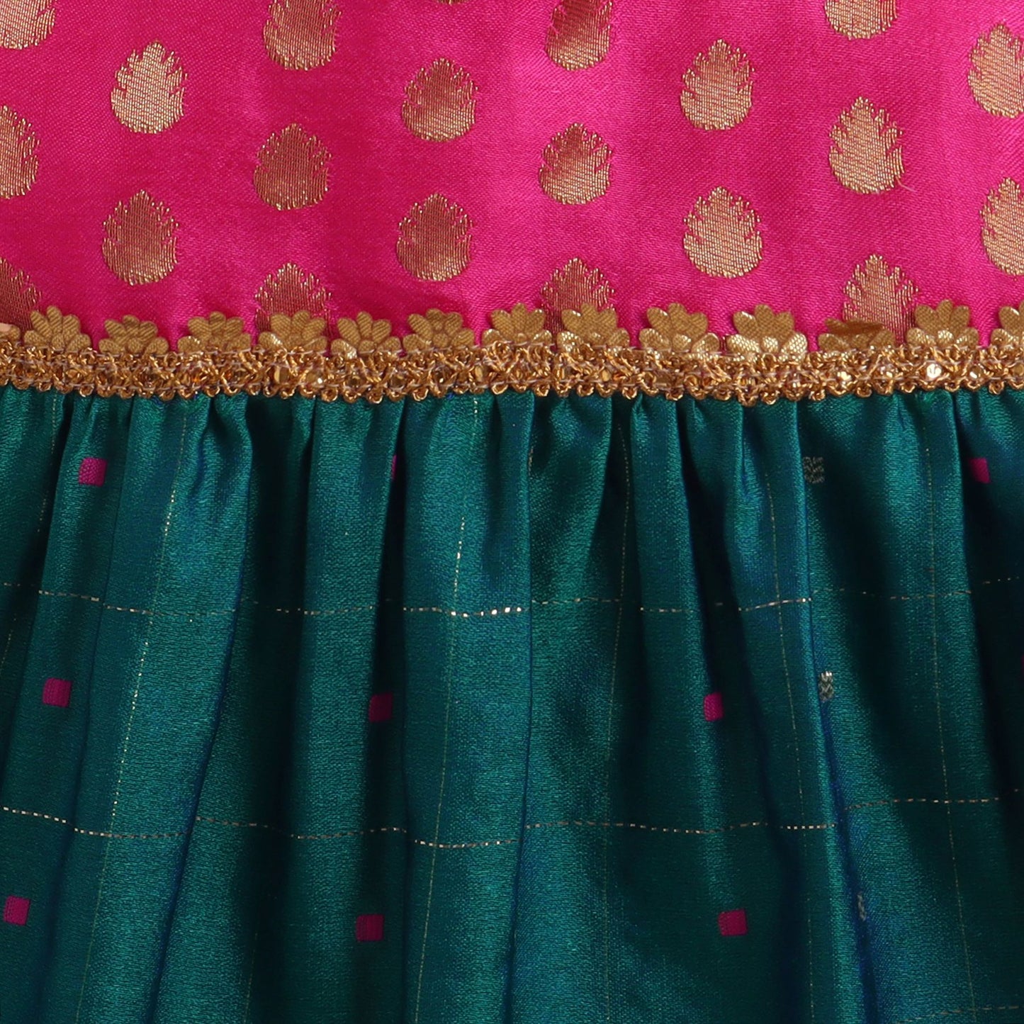 Many Frocks & Poly Silk Woven Sleeveless Woven Multicolour Boti Lace Embellished Knee Length  Baby Ethnic Dress - Green & Pink
