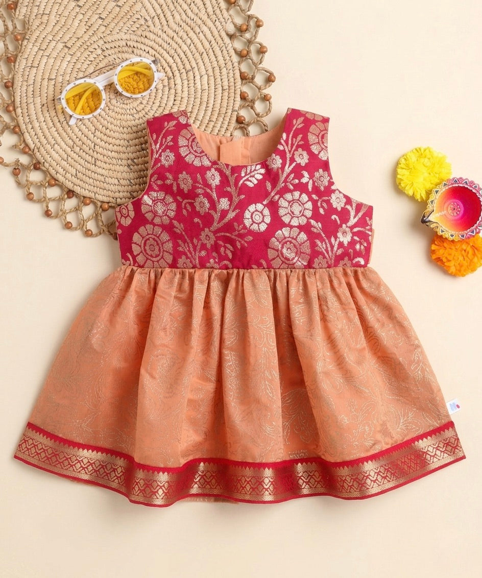 Many Frocks & Chanderi Woven Sleeveless Foil Printed Lace Embellished Knee Length  Baby Ethnic Dress - Peach & Pink
