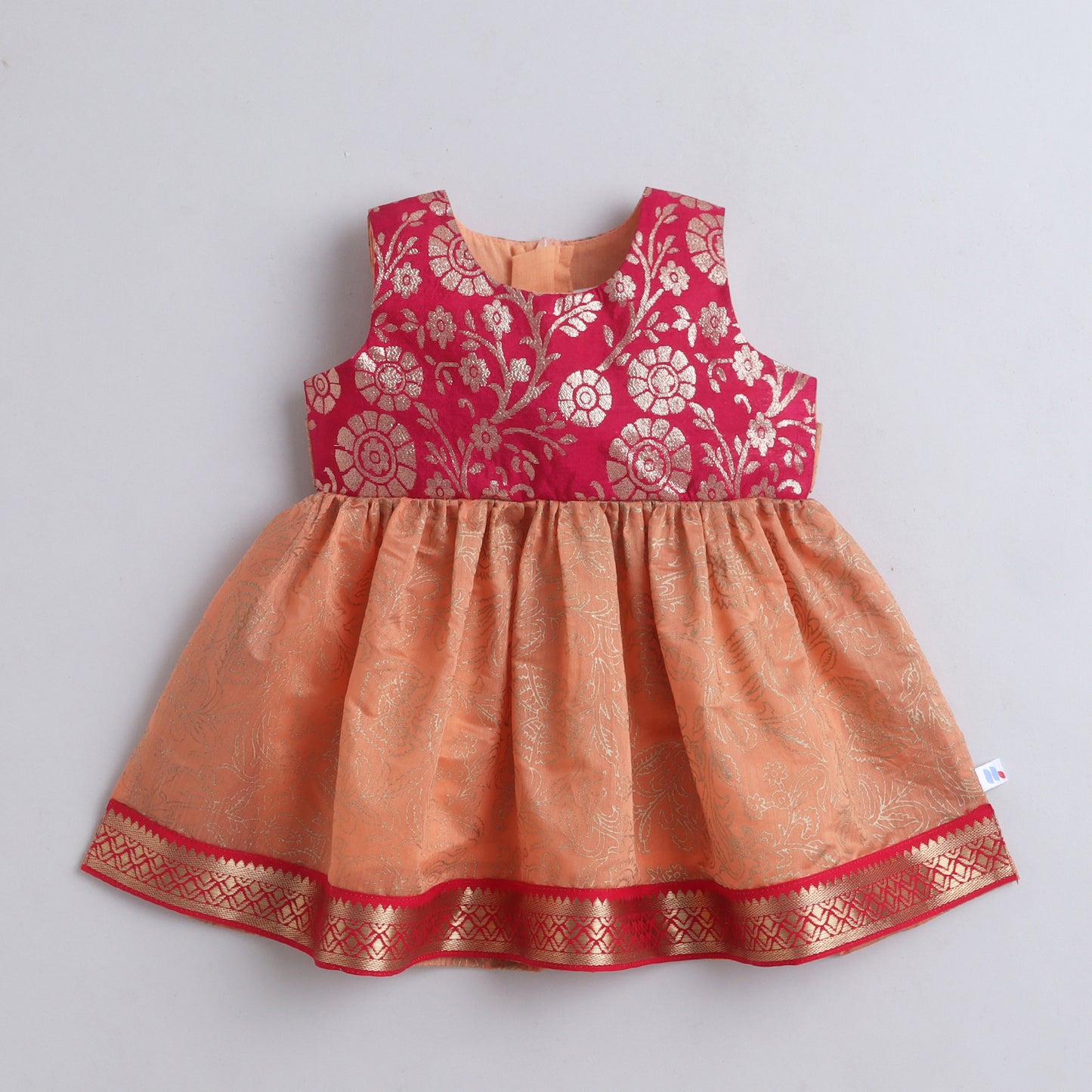 Many Frocks & Chanderi Woven Sleeveless Foil Printed Lace Embellished Knee Length  Baby Ethnic Dress - Peach & Pink