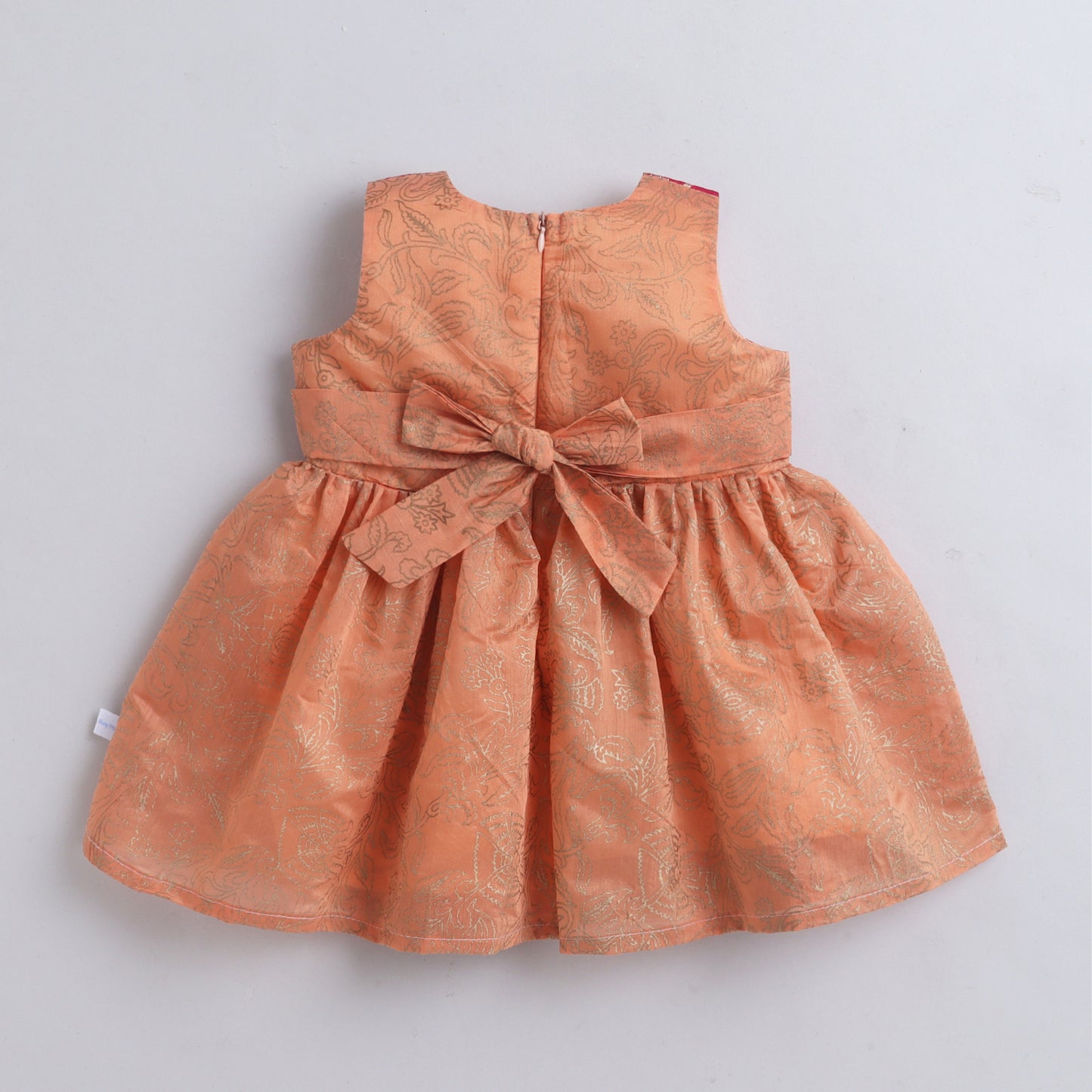 Many Frocks & Chanderi Woven Sleeveless Foil Printed Lace Embellished Knee Length  Baby Ethnic Dress - Peach & Pink