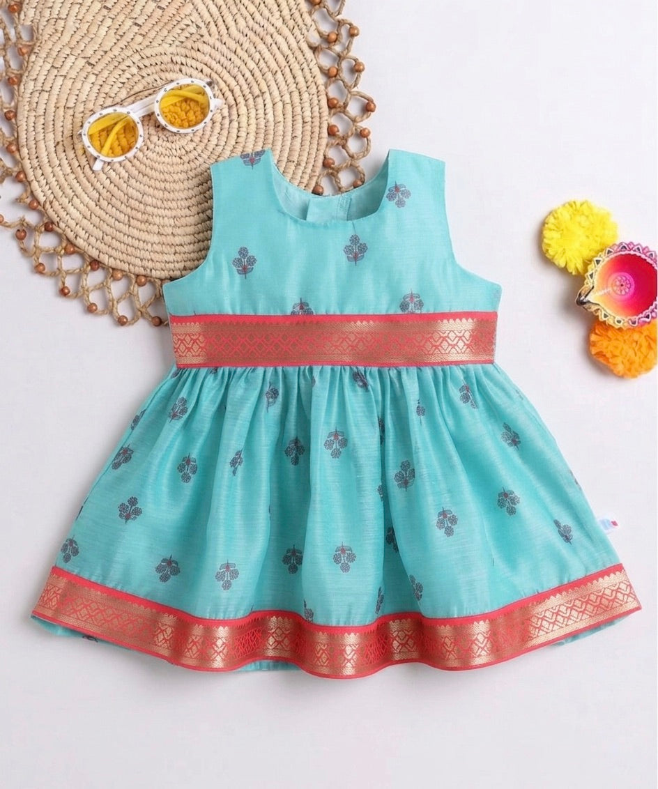 Many Frocks & Chanderi Woven Sleeveless Lace Embellished Knee Length  Baby Ethnic Dress - Blue