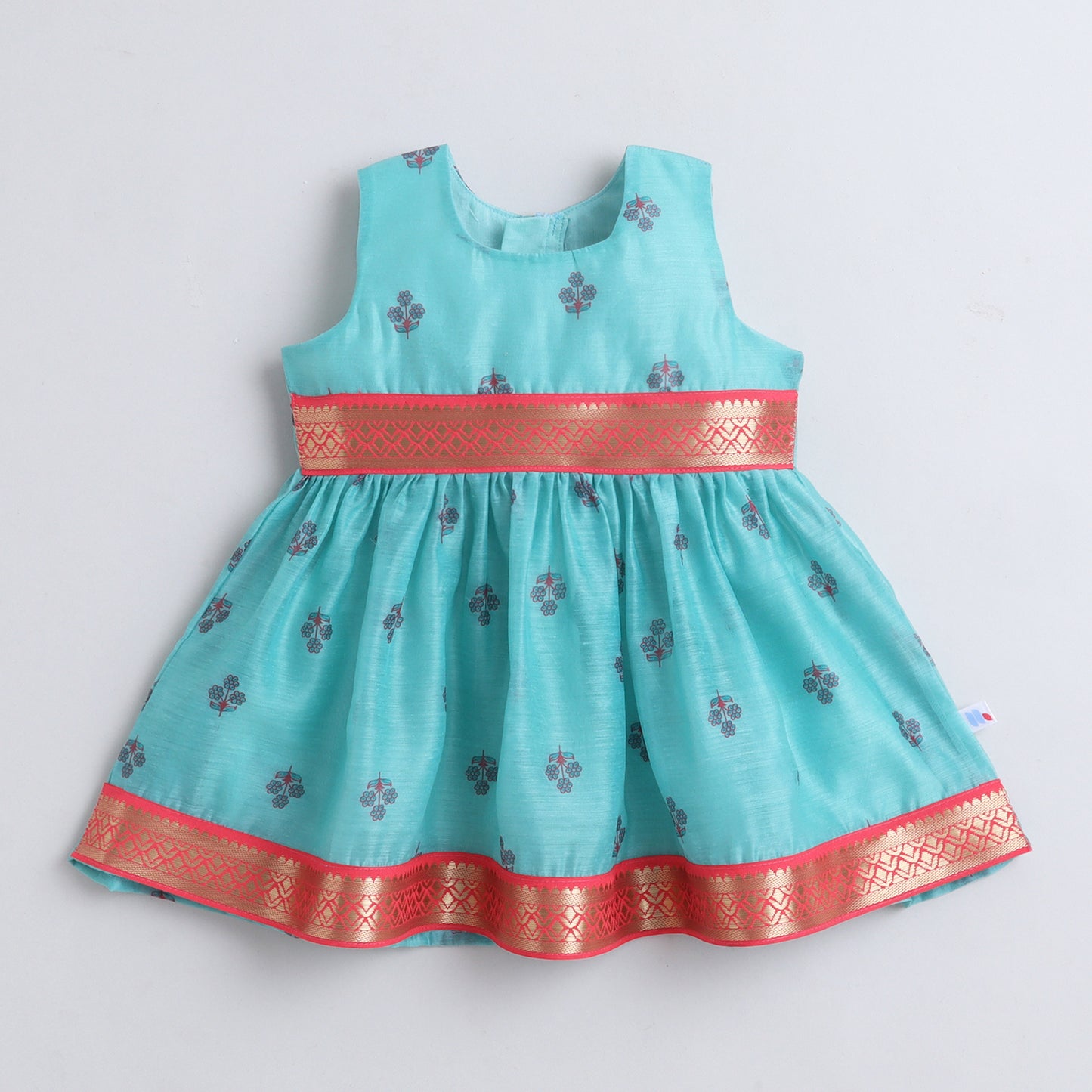 Many Frocks & Chanderi Woven Sleeveless Lace Embellished Knee Length  Baby Ethnic Dress - Blue