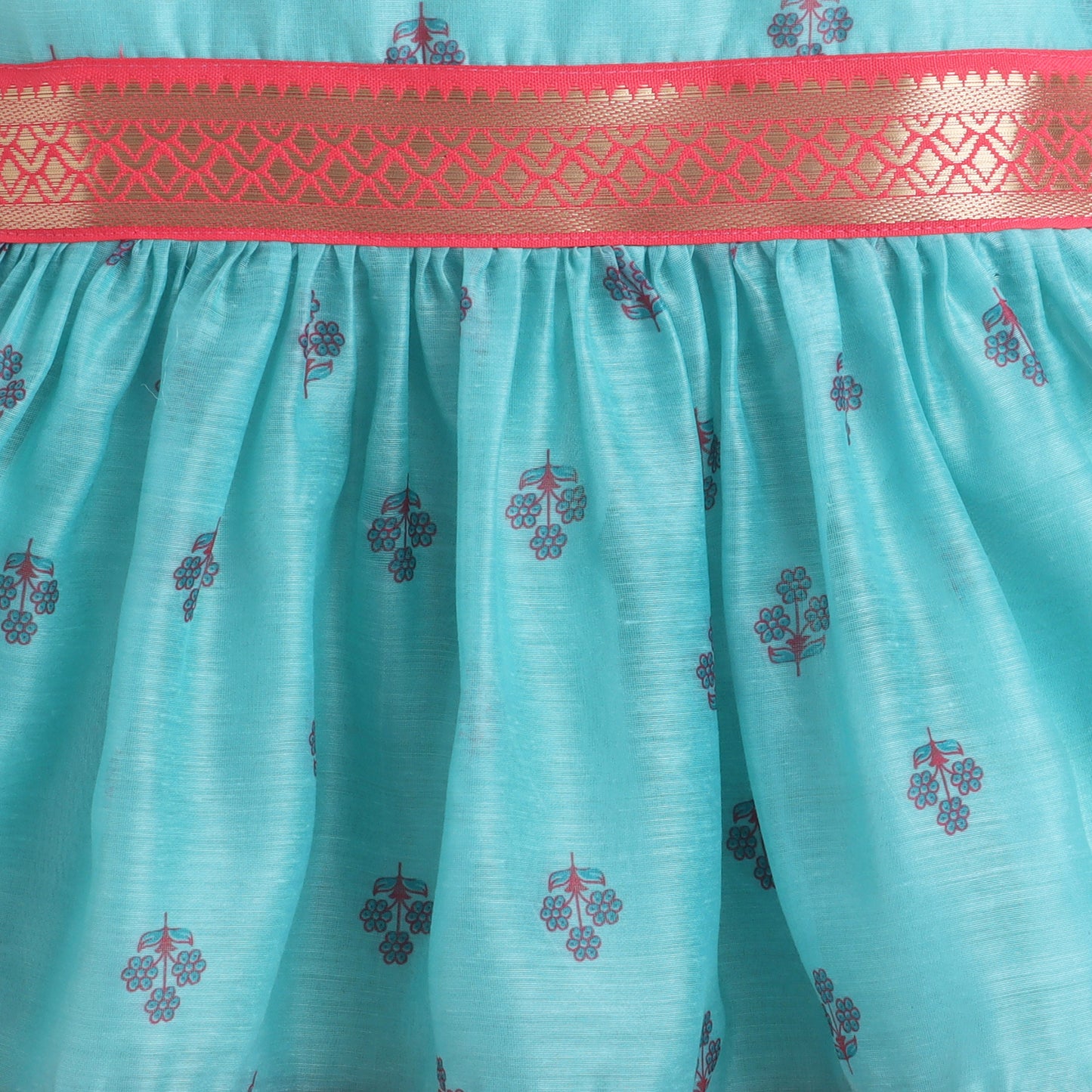 Many Frocks & Chanderi Woven Sleeveless Lace Embellished Knee Length  Baby Ethnic Dress - Blue