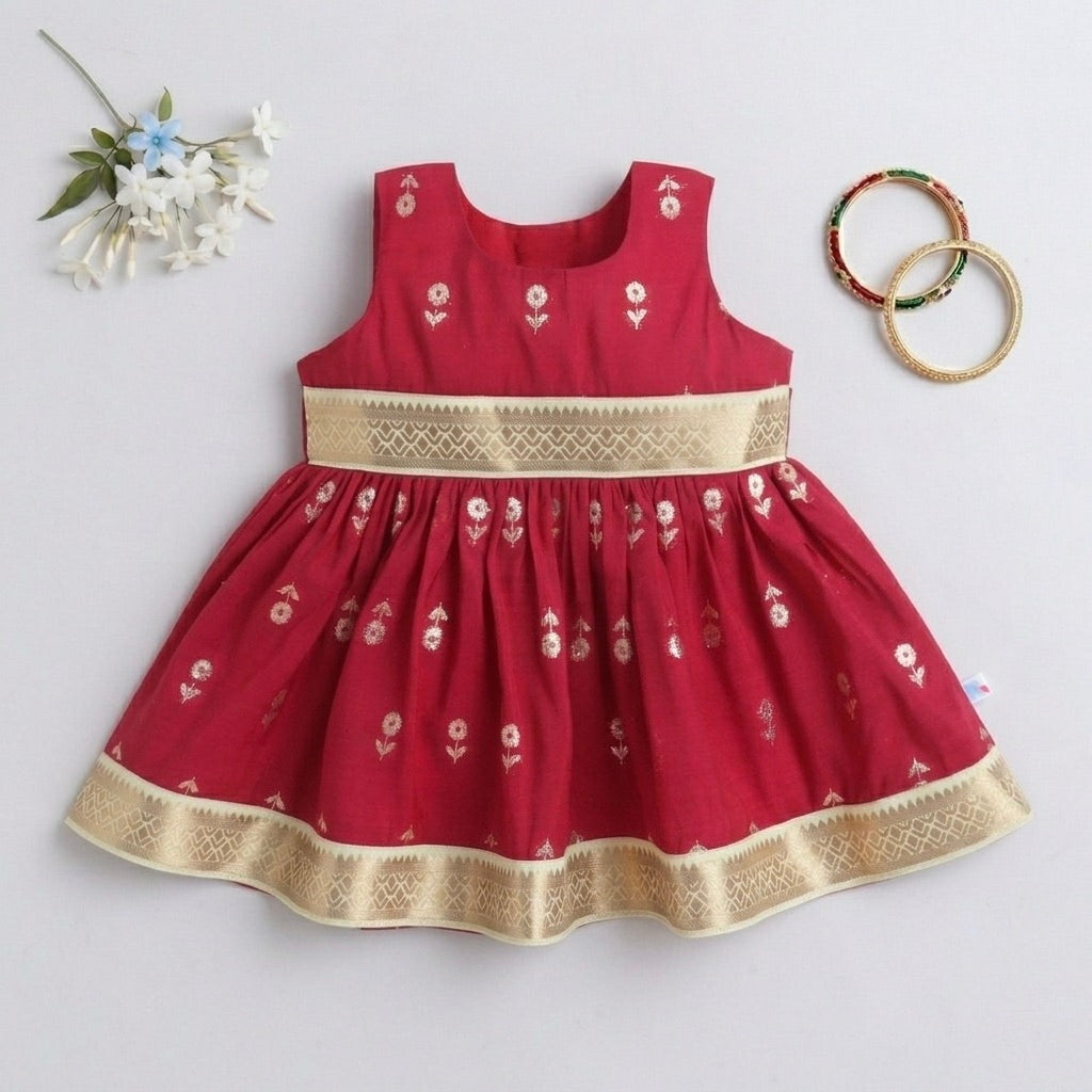 Many Frocks & Cotton Woven Sleeveless Golden Flower Woven Lace Embellished Knee Length Flared Baby Girls Ethnic Dress - Maroon