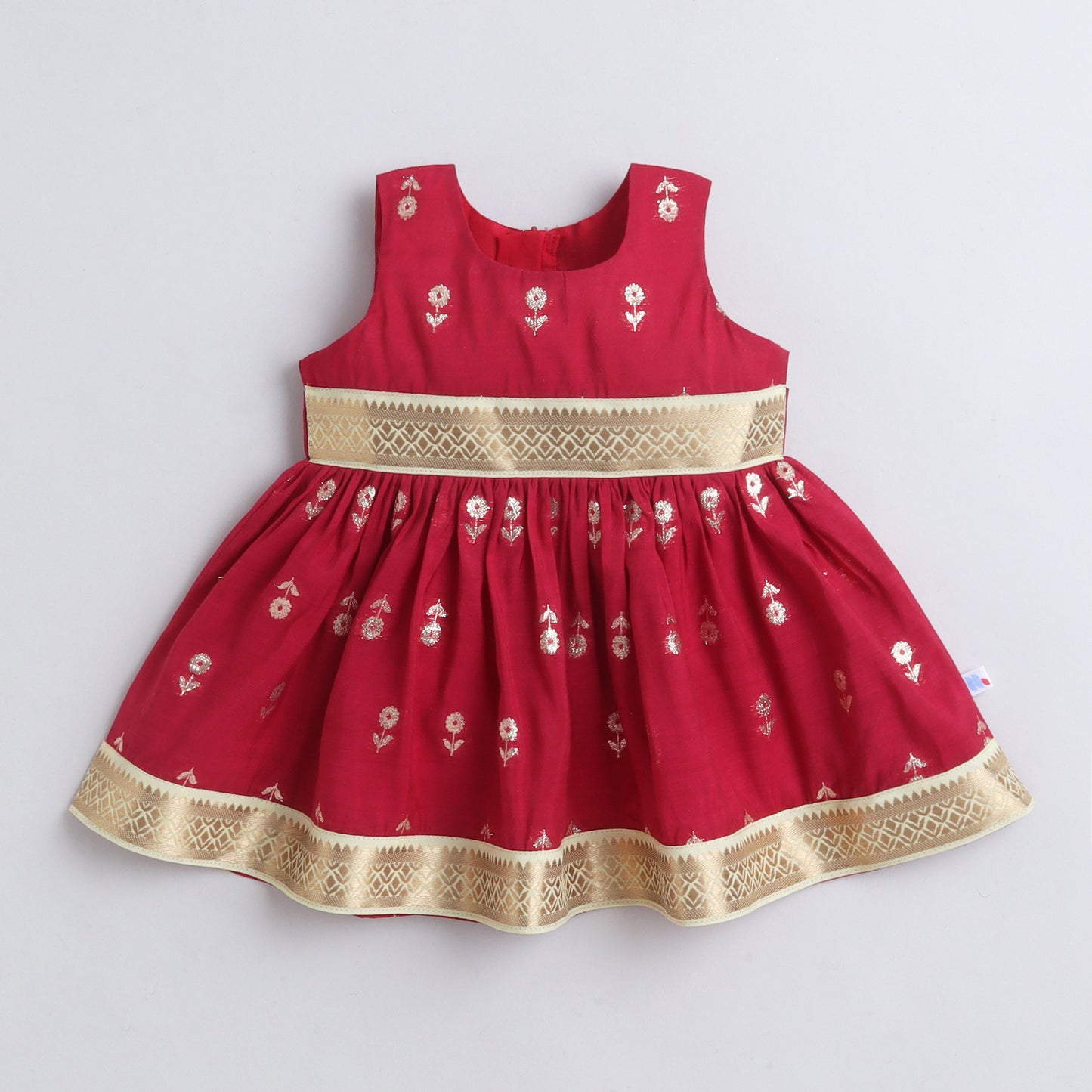 Many Frocks & Cotton Woven Sleeveless Golden Flower Woven Lace Embellished Knee Length Flared Baby Girls Ethnic Dress - Maroon