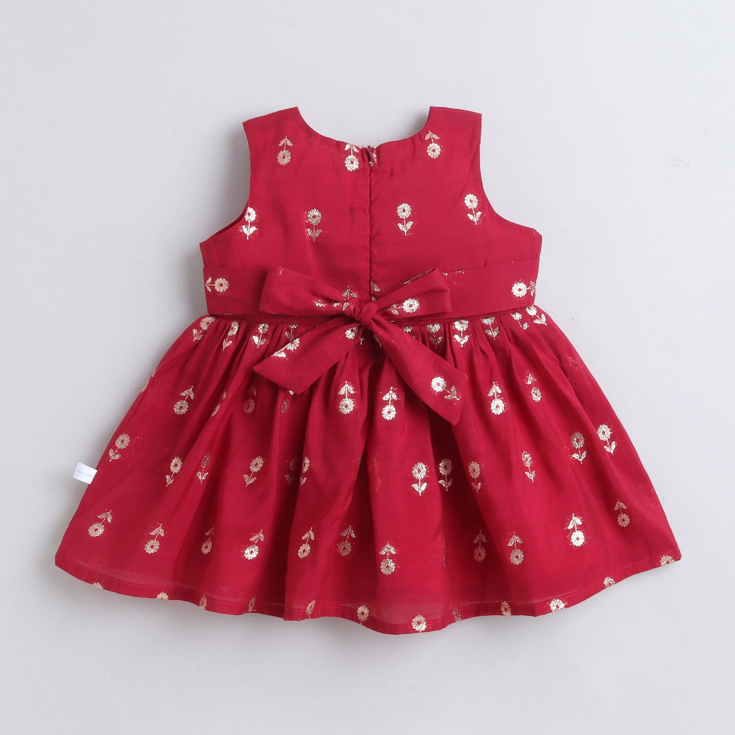Many Frocks & Cotton Woven Sleeveless Golden Flower Woven Lace Embellished Knee Length Flared Baby Girls Ethnic Dress - Maroon