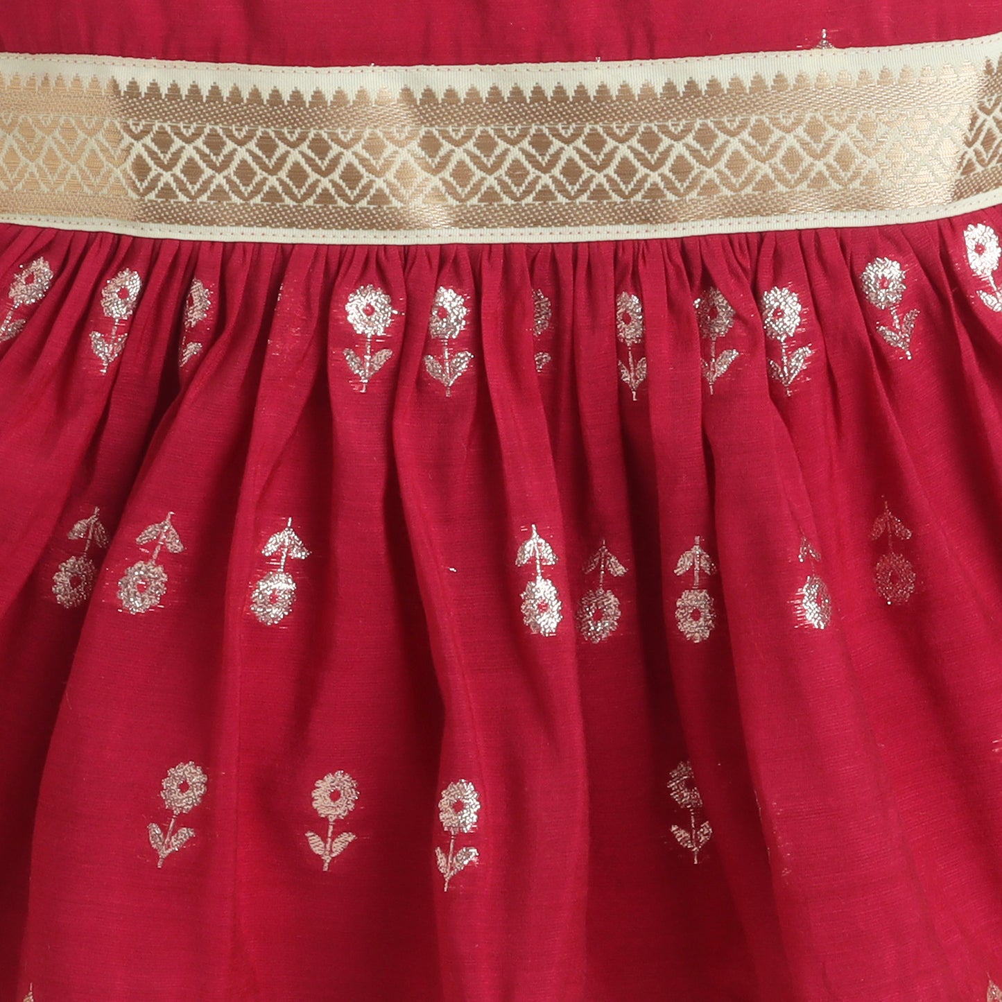 Many Frocks & Cotton Woven Sleeveless Golden Flower Woven Lace Embellished Knee Length Flared Baby Girls Ethnic Dress - Maroon
