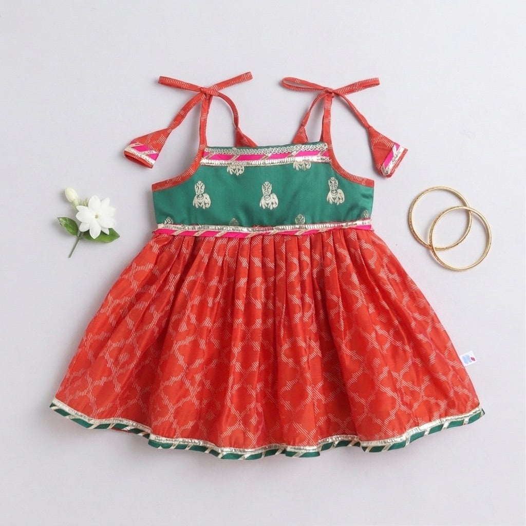 Many Frocks & Chanderi Woven Sleeveless Lace Embellished Knee Length Flared Baby Girls Jhabla Ethnic Dress - Orange & Green