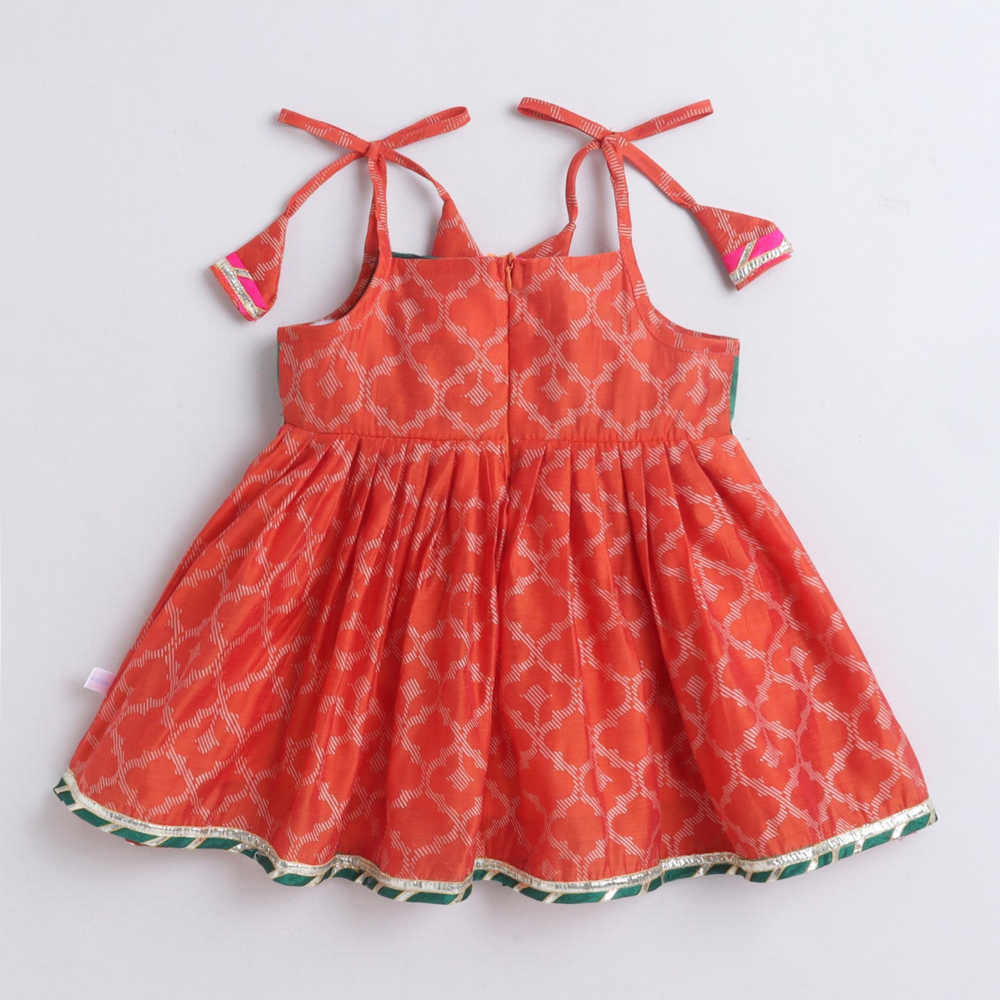 Many Frocks & Chanderi Woven Sleeveless Lace Embellished Knee Length Flared Baby Girls Jhabla Ethnic Dress - Orange & Green