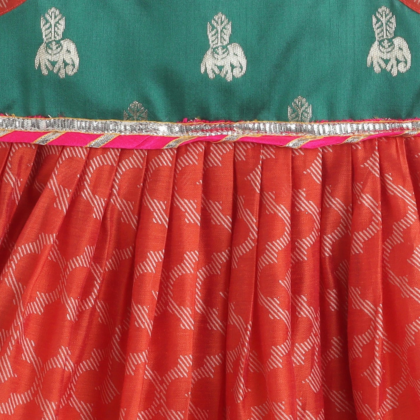 Many Frocks & Chanderi Woven Sleeveless Lace Embellished Knee Length Flared Baby Girls Jhabla Ethnic Dress - Orange & Green
