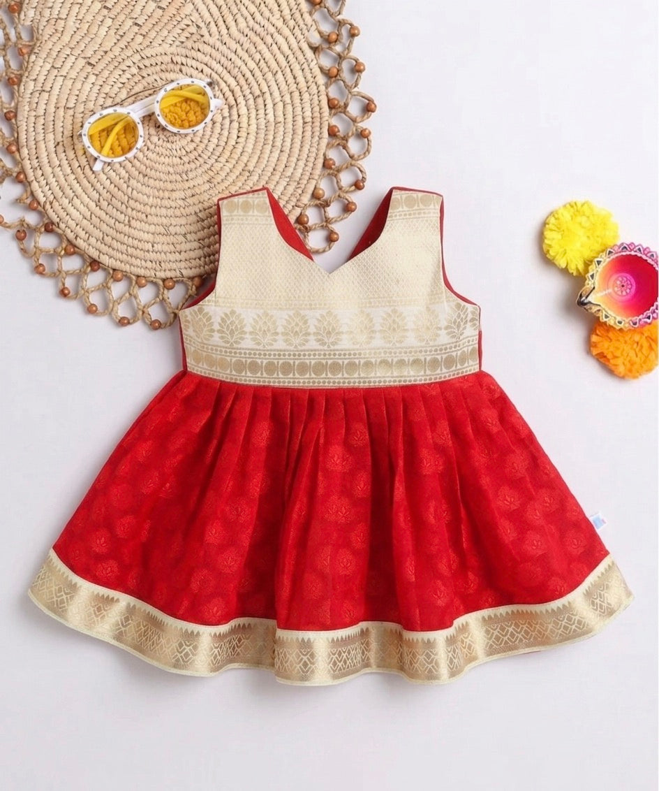 Many Frocks & Chanderi Cotton Woven Sleeveless Lace Embellished Knee Length Flared Baby Girls Ethnic Dress - Red & Cream