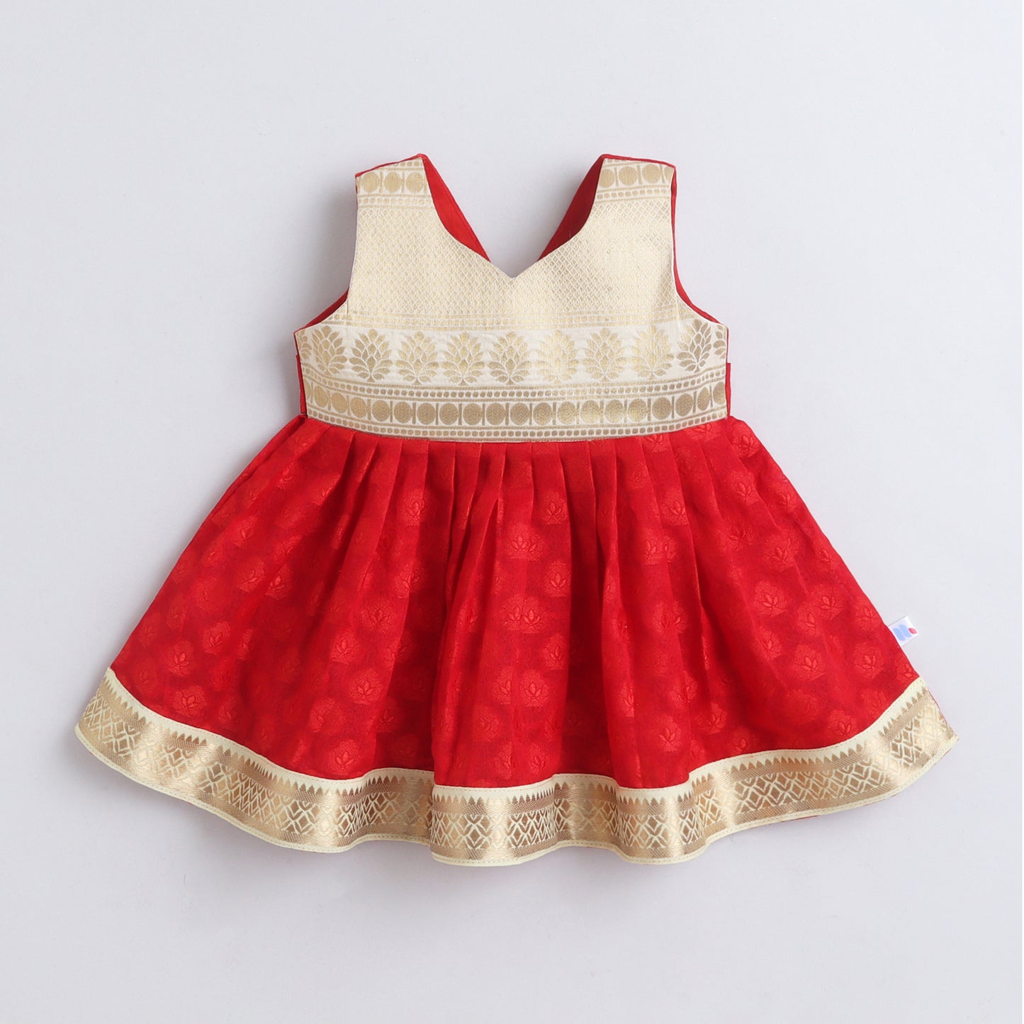 Many Frocks & Chanderi Cotton Woven Sleeveless Lace Embellished Knee Length Flared Baby Girls Ethnic Dress - Red & Cream