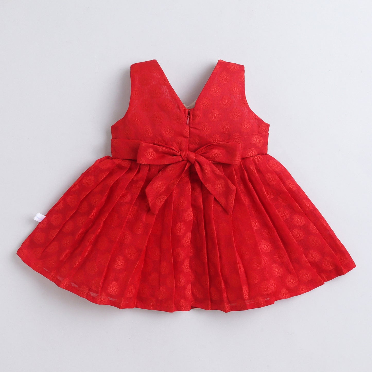 Many Frocks & Chanderi Cotton Woven Sleeveless Lace Embellished Knee Length Flared Baby Girls Ethnic Dress - Red & Cream
